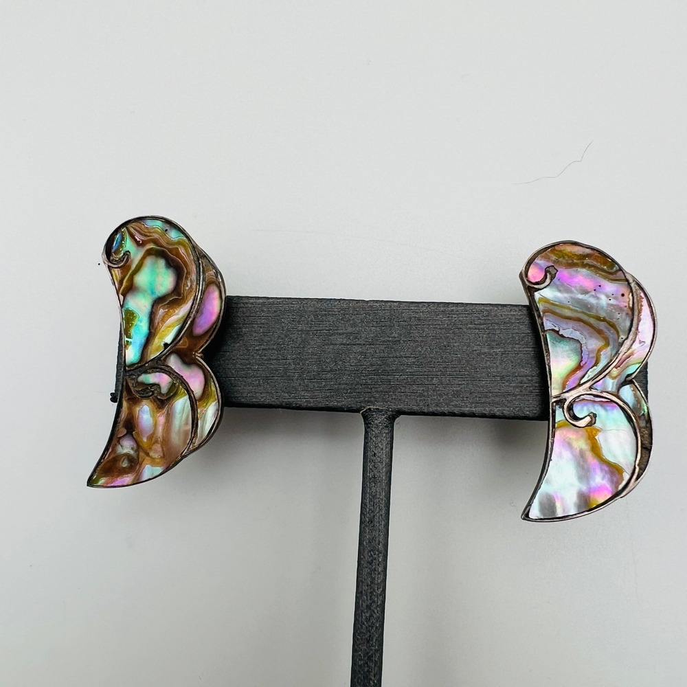 Silver Tone‎ Abalone Shell Earrings Vintage Screw Back Mother of Pearl Statement